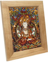 Panel with amber in combination with lurex and Swarovski stones “Four-armed Avalokiteshvara”