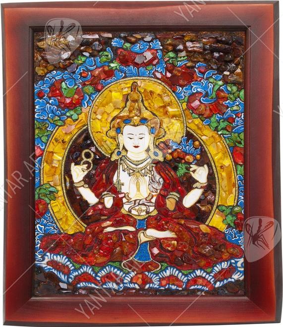 Panel with amber in combination with lurex and Swarovski stones “Avalokiteshvara”