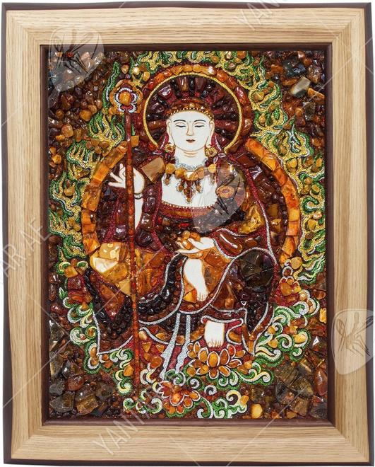 Panel with amber in combination with Swarovski stones and Kshitigarbha lurex