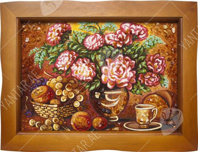 "Still life with flowers and fruit"