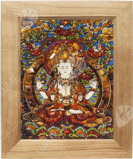 Panel with amber in combination with lurex and Swarovski stones “Four-armed Avalokiteshvara”