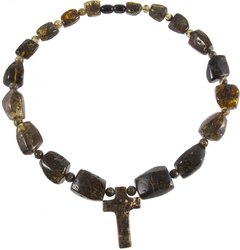 Amber beads with alternating figured stones and balls (with a cross)