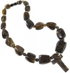 Amber beads with alternating figured stones and balls (with a cross)