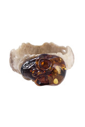 Ring made of deer antler and amber “Skull”