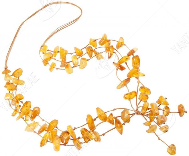 Multi-row honey-colored amber beads on waxed thread