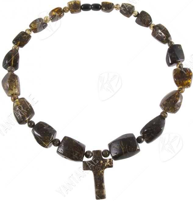 Amber beads with alternating figured stones and balls (with a cross)