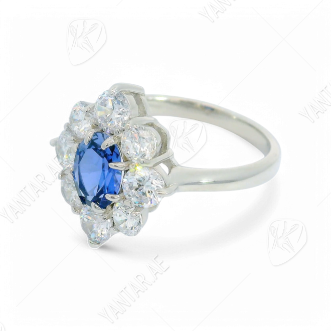 Artificial Sapphire and Diamond Ring