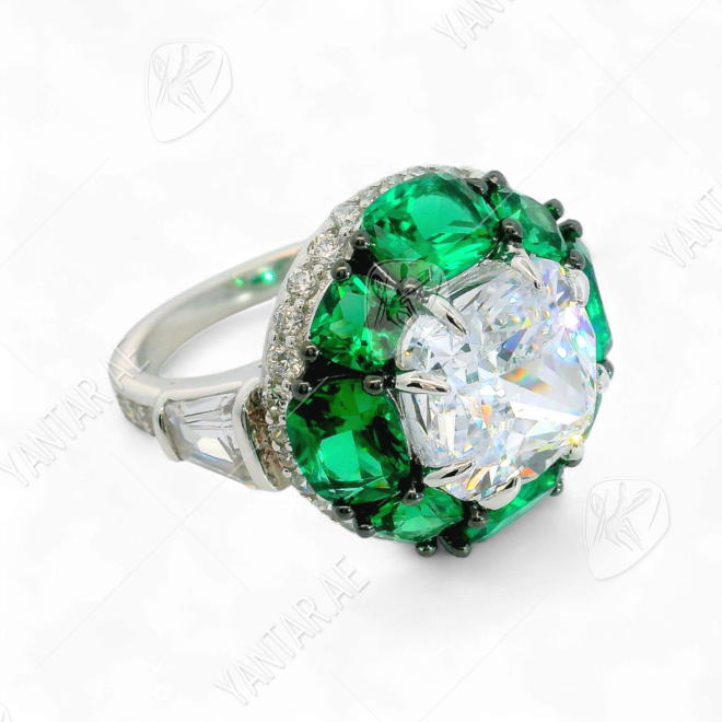 Artificial Emerald and Diamond Ring