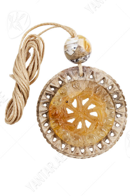 Amulet pendant made of deer antler and amber “Kolovrat” (Ladinets)