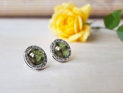 Silver button earrings with amber “Wheel of Fortune”