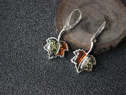 Earrings with amber and silver “Maple leaves”