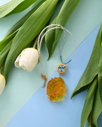 Silver necklace with amber, topaz, turquoise and quartz "Rose"