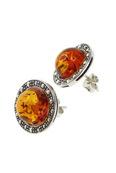 Silver button earrings with amber “Wheel of Fortune”