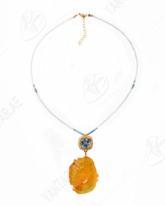 Silver necklace with amber, topaz, turquoise and quartz "Rose"