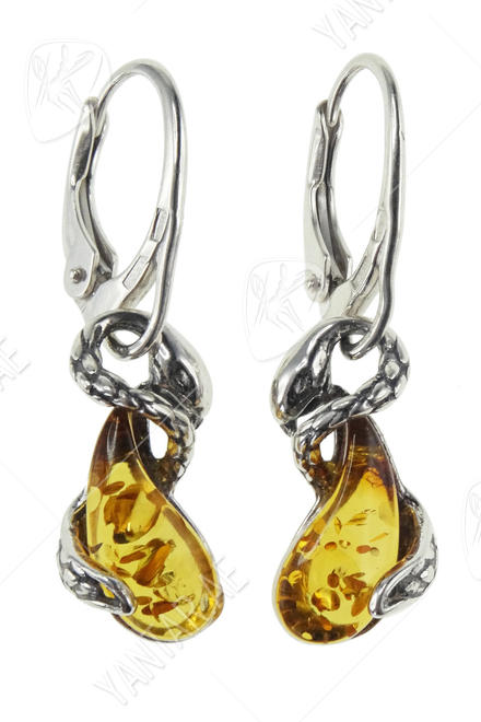 Earrings made of blackened silver with amber “Snakes”