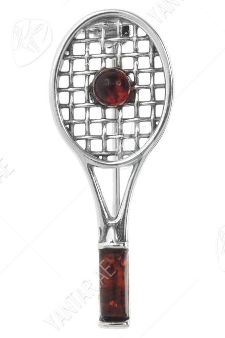 Silver brooch with amber “Tennis racket”