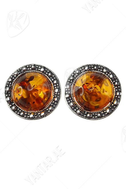 Silver button earrings with amber “Wheel of Fortune”