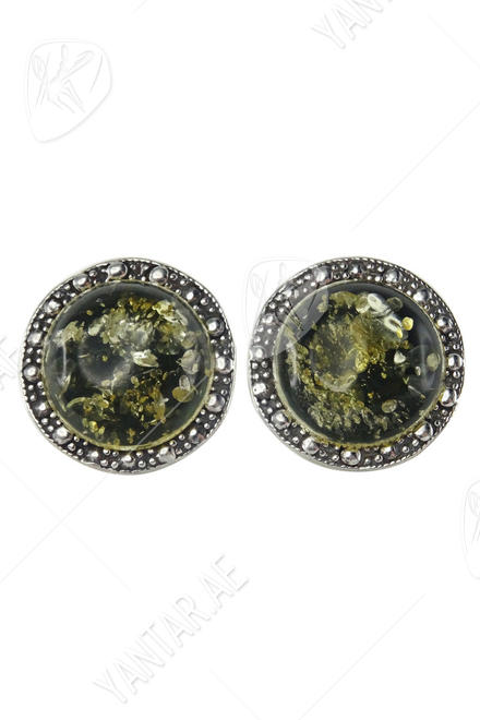 Silver button earrings with amber “Wheel of Fortune”