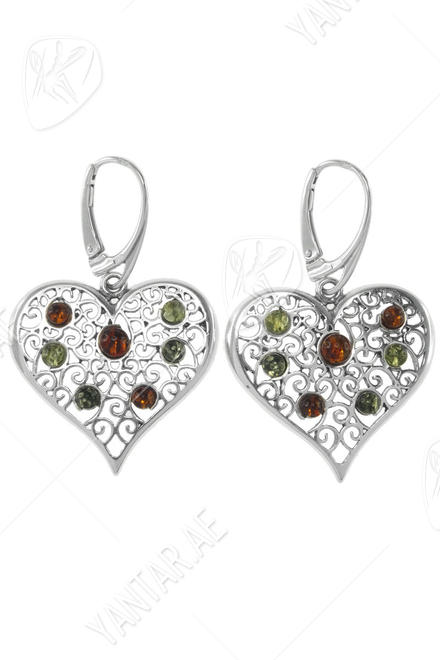 Earrings made of silver and amber “Hearts”